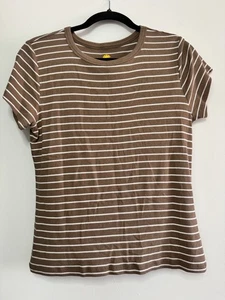 C&C California Womens Large T Shirt Brown White Stripe Round Neck Short Sleeve - Picture 1 of 5