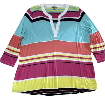 T by Talbots 1Xp Top Knit Colorful Stripe 3/4 Sleeve V-neck Casual - Image 1 of 4