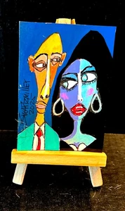colorful MAN LADY POP ART ACEO CARD Painting 3.5 x 2.5 Original SWARTZMILLER DNA - Picture 1 of 20