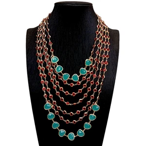 5 Strands Heart Shape Rosary Chain Blue Crystal Necklace Statemnet Women Jewelry - Picture 1 of 6