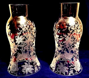 Pair Cambridge Elegant Glass Wildflower Etched Hurricane Lamp Candelabra Shades - Picture 1 of 5