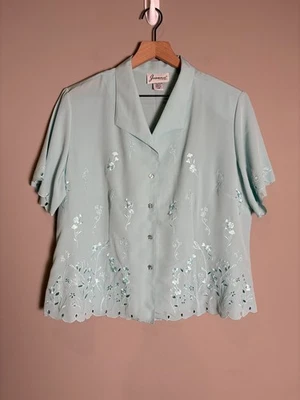 Blusa De Colección Joanna Azul Como Nueva Floral Bordada Con Botones Cottagecore Granny Talla L Foto 1 de 4