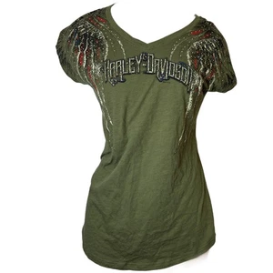 Harley Davidson Damen Shirt olivgrün Strass Nieten Flügel M - Bild 1 von 7
