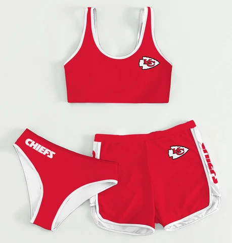 Kansas City Chiefs 3PCs Summer Bikini Swimsuit with Shorts Athletic Swimwear Cover