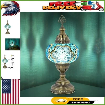 Elegante lámpara de mesa de mosaico azul turquesa con acabado de bronce antiguo y enchufe E12 Foto 1 de 4