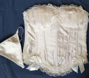 Bustier corset top w thong  White w bows sz L  Waist 28/32 side zip - Picture 1 of 3