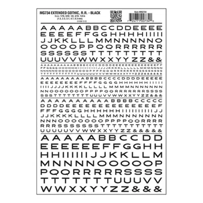 Woodland Scenics Dry Transfer Decals Extended Gothic R.R. Letters Black WOOMG734 - Image 1 of 3