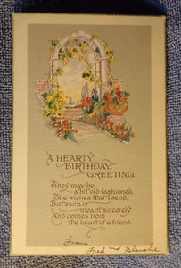Postal de colección CUMPLEAÑOS 1920 era abundante cumpleaños saludos ventana tulipanes - Imagen 1 de 2