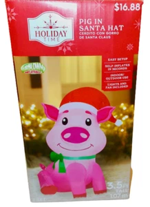 Holiday Time 2023 Christmas Pink Pig In Santa Hat Airblown Inflatable 3.5' New - Picture 1 of 1