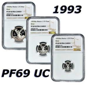 México 1993 Plata Prueba Libertad 3 Monedas 1/4,1/10,1/20oz Todas NGC PF69 UC - Imagen 1 de 8