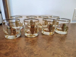 SET OF 8 VINTAGE MCM CULVER 22K GOLD OWLS - LOWBALL ROCKS GLASSES - 12 oz - Picture 1 of 9