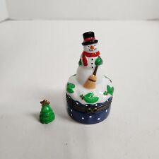 Avon Porcelain Hinged Snowman Trinket Box With Tree Charm 3” Loose no box