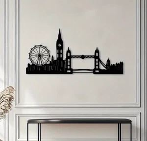 London Skyline With Tower Bridge / Shard Wall Metal Art Home Matt Black UK - Picture 1 of 2