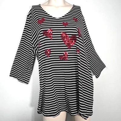 Top Catherines 2X 22/24W Talla Grande Rayas Corazón Lentejuelas Adornado Cómodo Informal Foto 1 de 4