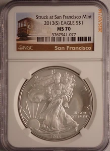 2013 (S) SILVER AMERICAN EAGLE $1 US NGC MS70 TROLLEY LABEL - Picture 1 of 2