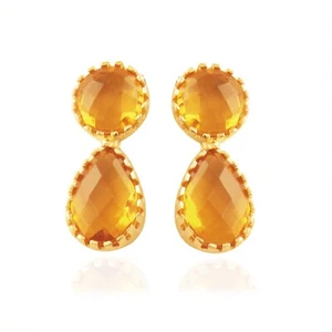 Yellow Citrine Quartz Gold Plated Crown Setting Statement Push Back Stud Earring - Picture 1 of 3