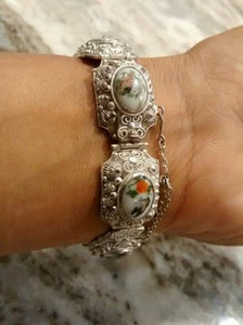 Atemberaubendes antikes chinesisches Export bemaltes Vogel Blumen Porzellan Silber Armband - Bild 1 von 7