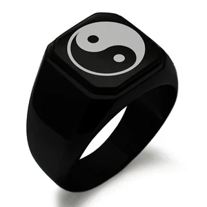 Stainless Steel Yin Yang Symbol Square Mens Square Biker Style Signet Ring - Picture 1 of 4