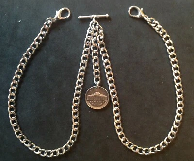 Double Albert Pocket Watch Chain with US nickel 5 cent fob,silver colour  - Image 1 of 4