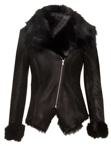 Mujer Negro Piel de Cordero Chaqueta Biker Oveja Aviador Cuero Toscana Merino - Imagen 1 de 7