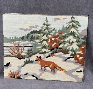 Escena de invierno vintage Needlepoint Fox 19x15 acabado sin marco - Imagen 1 de 3