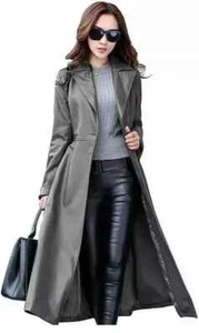 Leather Women's Trench Formal Coat Gray Handmade Lambskin Casual Stylish Soft - Picture 1 of 5