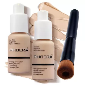 TWIN PACK PHOERA® Foundation Full Coverage Face Makeup Liquid Matte with Brush - Picture 1 of 19