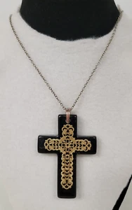 Gold Tone & Black Cross Pendant on Chain Necklace w/Lobster Clasp - Picture 1 of 10