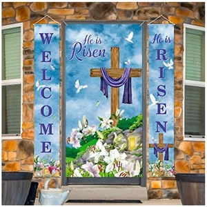3 Pieces Happy Easter Day Decorations He is Banners and Easter Door Cover Rel... - Picture 1 of 9