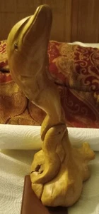 Wooden Hand Carved 2 Dolphins Statue Sculpture Wood Decor Figurine Fish Handmade - Picture 1 of 9