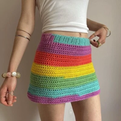 Handmade Rainbow Striped Crochet Mini Skirt - Image 1 of 4