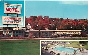 Postal de autos antiguos Norwichtown Connecticut Norwich Motel restaurante cafetería autos antiguos - Imagen 1 de 2