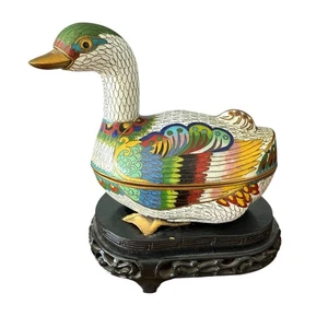 Vintage Colorful Large Hand Crafted Cloisonné Duck Decorative Box With Stand - Picture 1 of 14