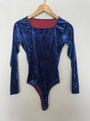 Vintage 90’s Goth Dark Blue Red Crushed Velvet Square Neck Bodysuit XS - Imagem 1 de 4