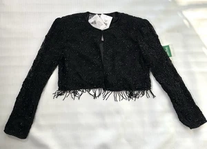 Vintage Stenay 100% Silk Beaded Trim Top Jacket Evening Formal Black Size S NWT - Picture 1 of 18
