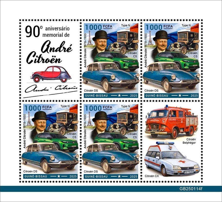 André Citroën 90th Memorial Anniversary Cars MNH Stamps 2025 Guinea-Bissau M/S - Image 1 of 1