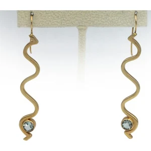Designer Signed 14k Yellow Gold 1.10CT Round Cut Aquamarine Wavy Drop Earrings - Picture 1 of 5