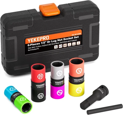 Lug Nut 插座套件,8 码 1/2 英寸驱动轮冲击翻盖 SAE&METRIC — 第 1/4 张图片