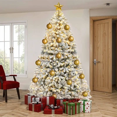 9ft Prelit Snow Flocked Christmas Tree with Remote Hinged Pine 2150 Branch Tips - Image 1 of 4