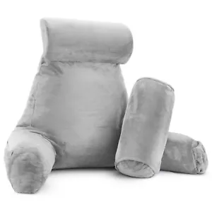 Grande cuscino per lettura morbida e relax TV +2 cuscini collo e lombare, con tasca - argento - Foto 1 di 8