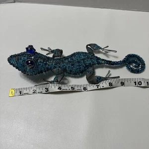 Beaded Metal Wire Gecko Lizard Chameleon Figurine Sculpture Folk Art 11” Blue - Picture 1 of 10