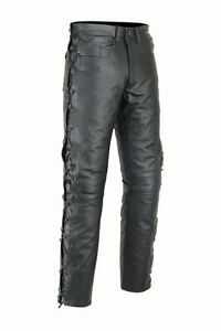 MENS LACED BLACK LEATHER COWHIDE MOTORCYCLE MOTORBIKE JEANS TROUSERS 
