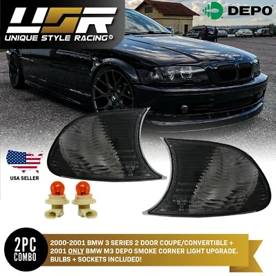 DEPO Clip-On Smoke Corner Lights w/ Bulbs For 00-01 BMW E46 2D Coupe/Convertible - Imagem 1 de 4