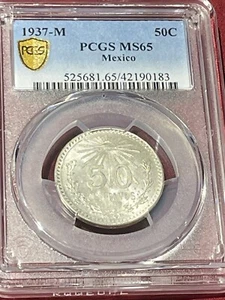 Mexico 1937-M Silver 50 Centavos ๐Gem๐ PCGS Gold Shield MS-65 - Picture 1 of 5