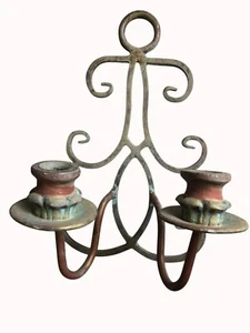 Rustic Wrought Iron 2 Candle Wall Sconce 14" x 6" x 10" Verdigris Gold Metal Vin - Picture 1 of 5