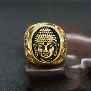 MENDEL Mens Thai Amulet Gold Buddhist Buddha Ring Men Stainless Steel Size 7-15