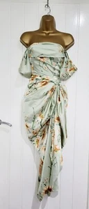 PRETTY LITTLE THING PLT size 14 sage satin floral occasion ruched dress - Picture 1 of 8