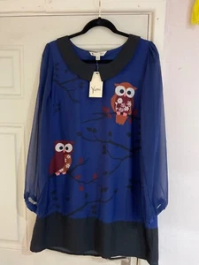 New Yumi Lagenlook Blue/Black Owl Lined Dress - Size 16 BNWT - Picture 1 of 15