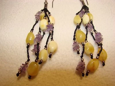 Янтарные и аметистовые разноцветные серьги с бахромой - Изображение 1 из 4