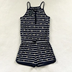 NWT Nautica Girl Navy White Stripe Gold Palm Tree Print 1 Piece Romper XL 16 - Picture 1 of 9